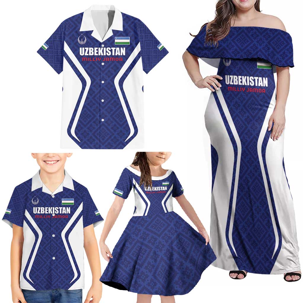 Custom Football Uzbekistan Family Matching Off Shoulder Maxi Dress and Hawaiian Shirt Milliy Jamoa Blue Version - Wonder Print Shop
