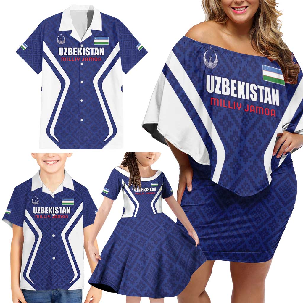 Custom Football Uzbekistan Family Matching Off Shoulder Short Dress and Hawaiian Shirt Milliy Jamoa Blue Version - Wonder Print Shop