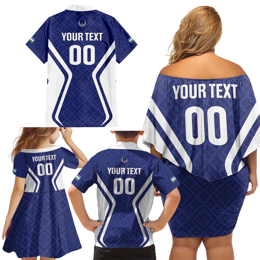 Custom Football Uzbekistan Family Matching Off Shoulder Short Dress and Hawaiian Shirt Milliy Jamoa Blue Version - Wonder Print Shop