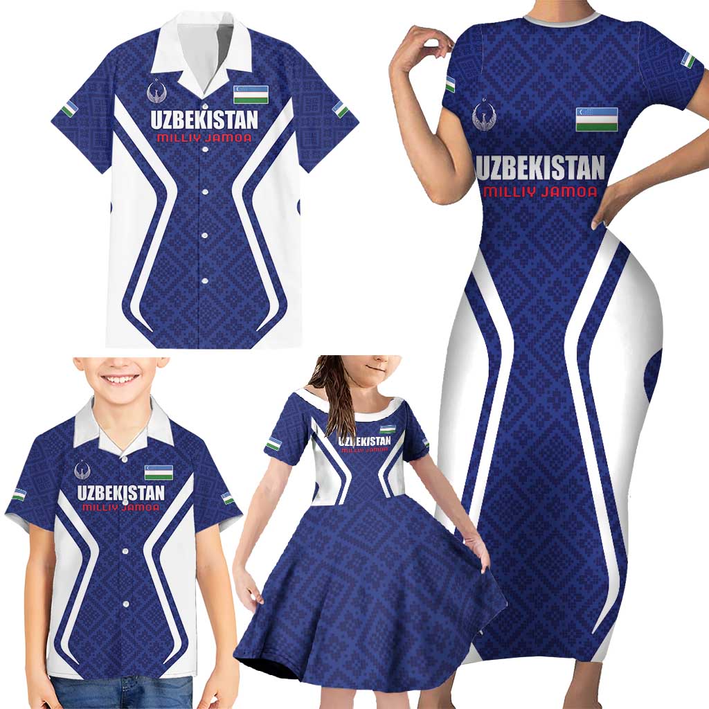 Custom Football Uzbekistan Family Matching Short Sleeve Bodycon Dress and Hawaiian Shirt Milliy Jamoa Blue Version - Wonder Print Shop