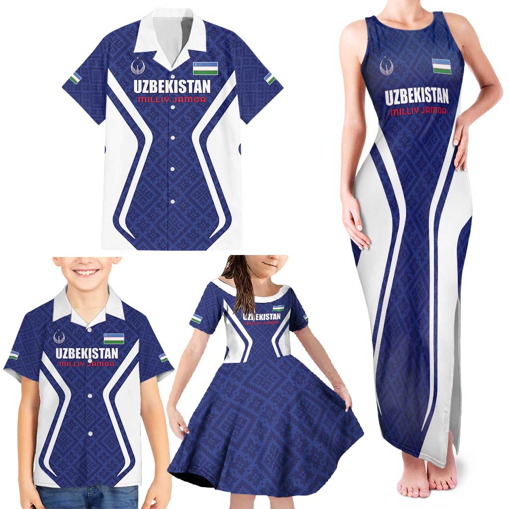 Custom Football Uzbekistan Family Matching Tank Maxi Dress and Hawaiian Shirt Milliy Jamoa Blue Version - Wonder Print Shop
