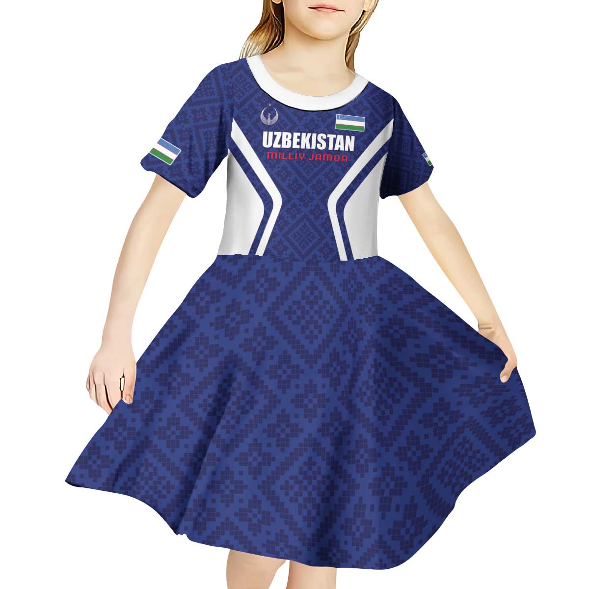 Custom Football Uzbekistan Kid Short Sleeve Dress Milliy Jamoa Blue Version - Wonder Print Shop