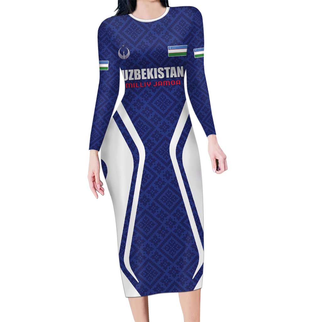 Custom Football Uzbekistan Long Sleeve Bodycon Dress Milliy Jamoa Blue Version - Wonder Print Shop