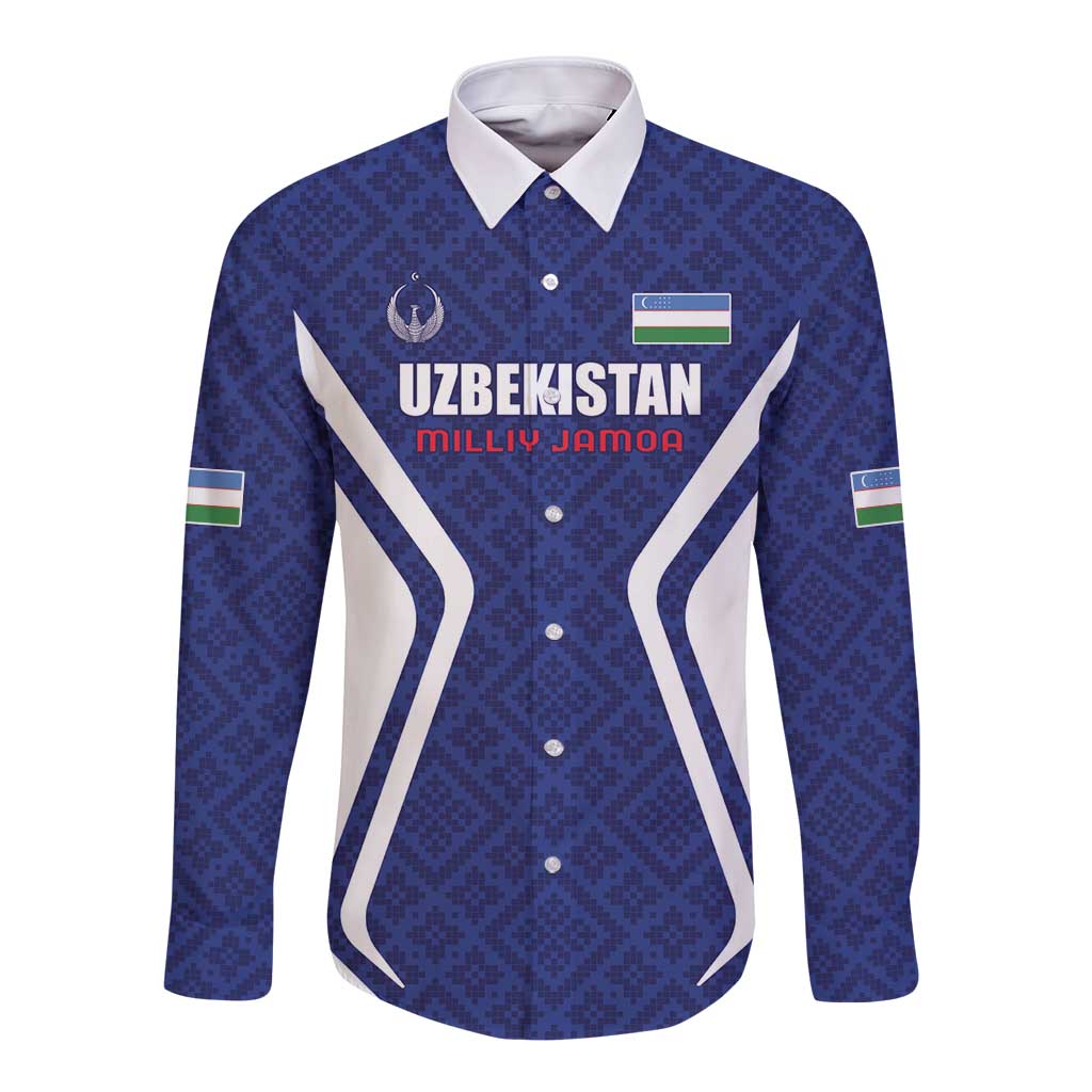 Custom Football Uzbekistan Long Sleeve Button Shirt Milliy Jamoa Blue Version - Wonder Print Shop
