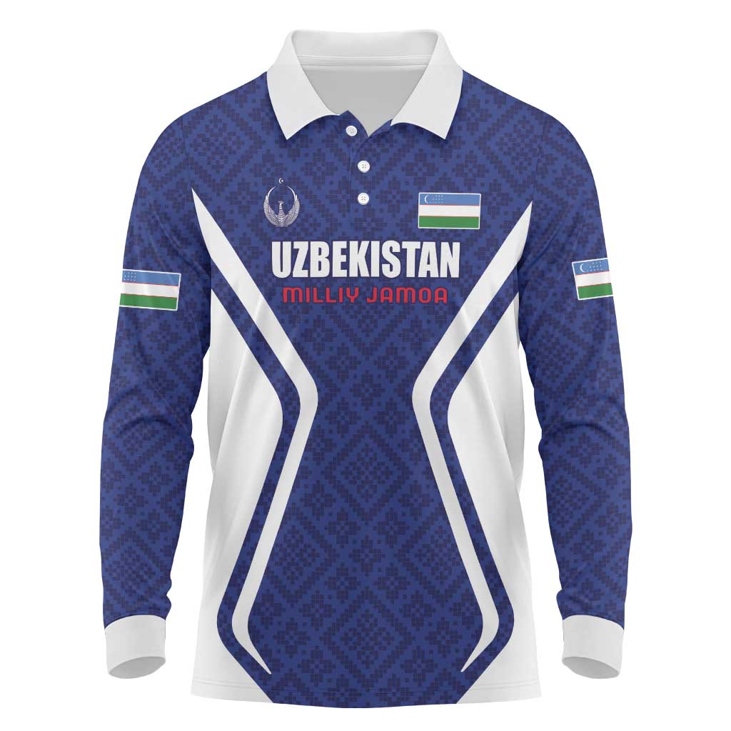 Custom Football Uzbekistan Long Sleeve Polo Shirt Milliy Jamoa Blue Version - Wonder Print Shop