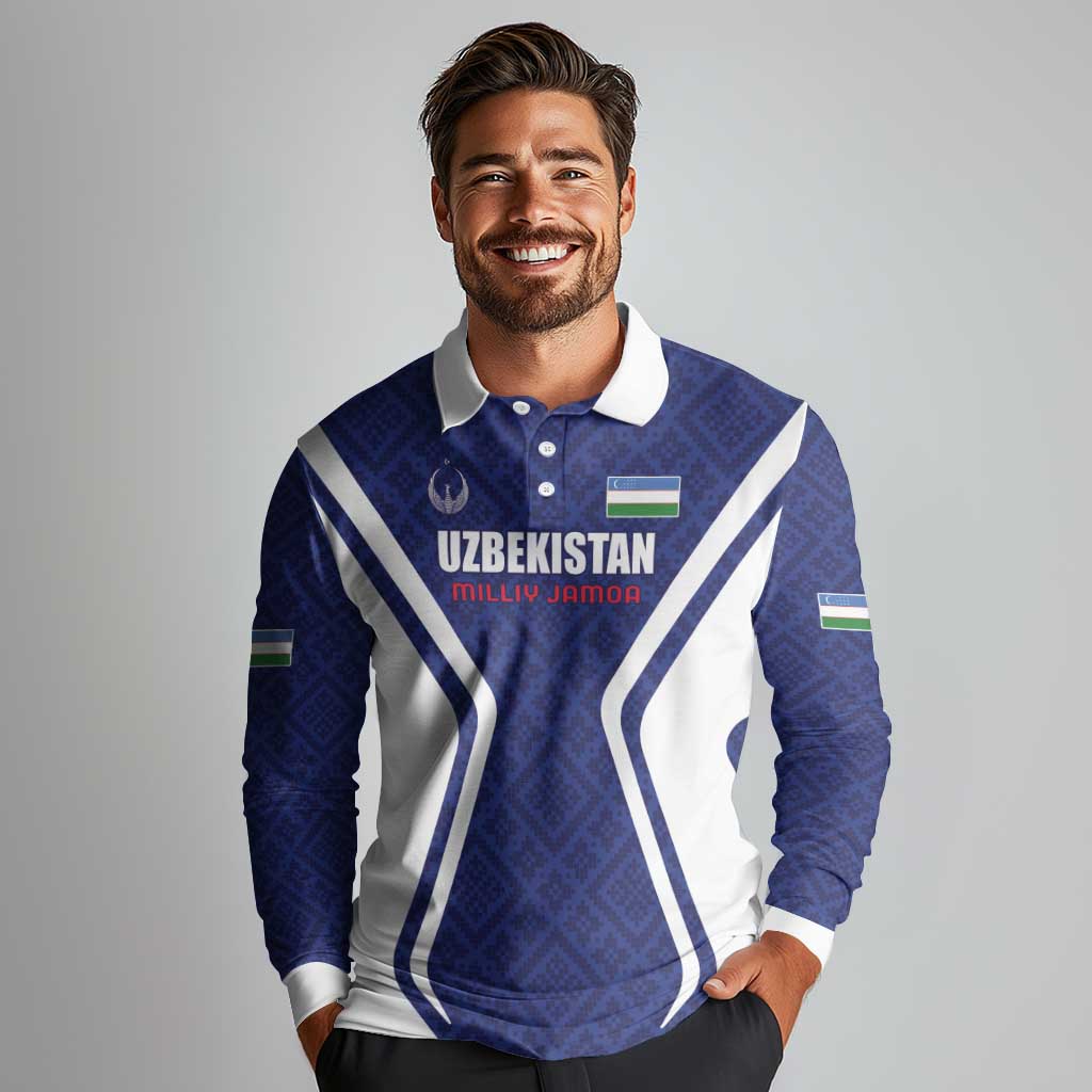 Custom Football Uzbekistan Long Sleeve Polo Shirt Milliy Jamoa Blue Version - Wonder Print Shop