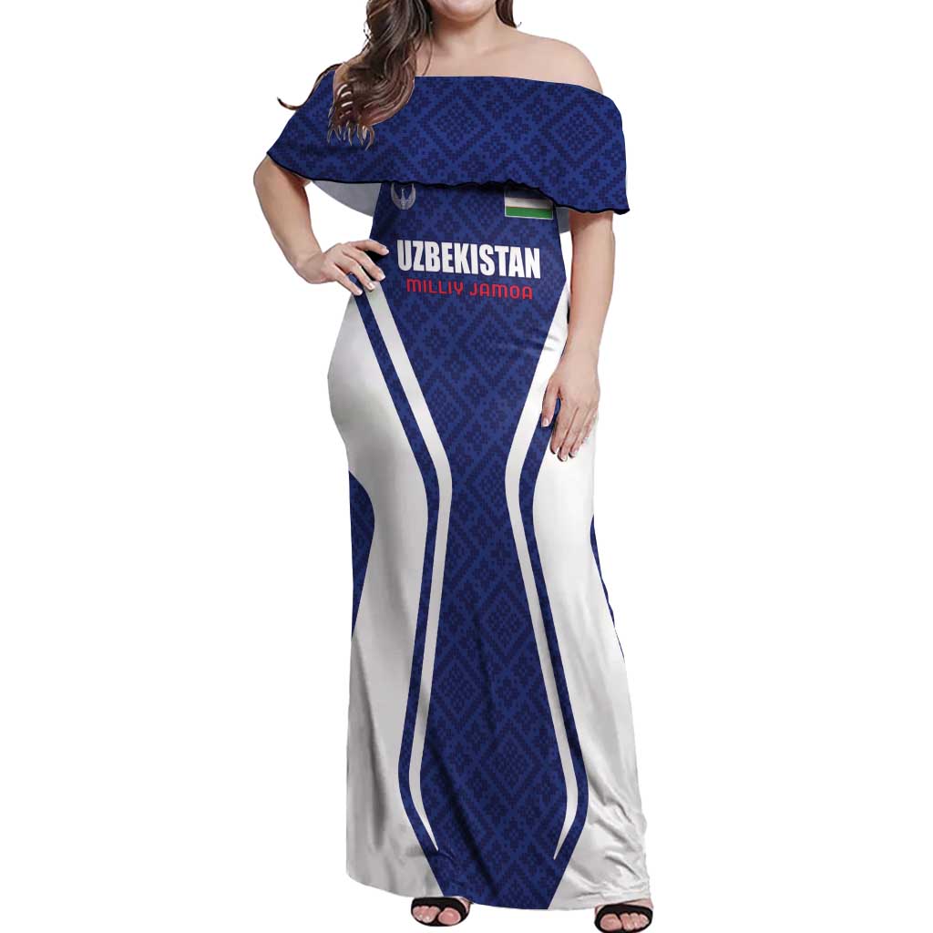 Custom Football Uzbekistan Off Shoulder Maxi Dress Milliy Jamoa Blue Version - Wonder Print Shop