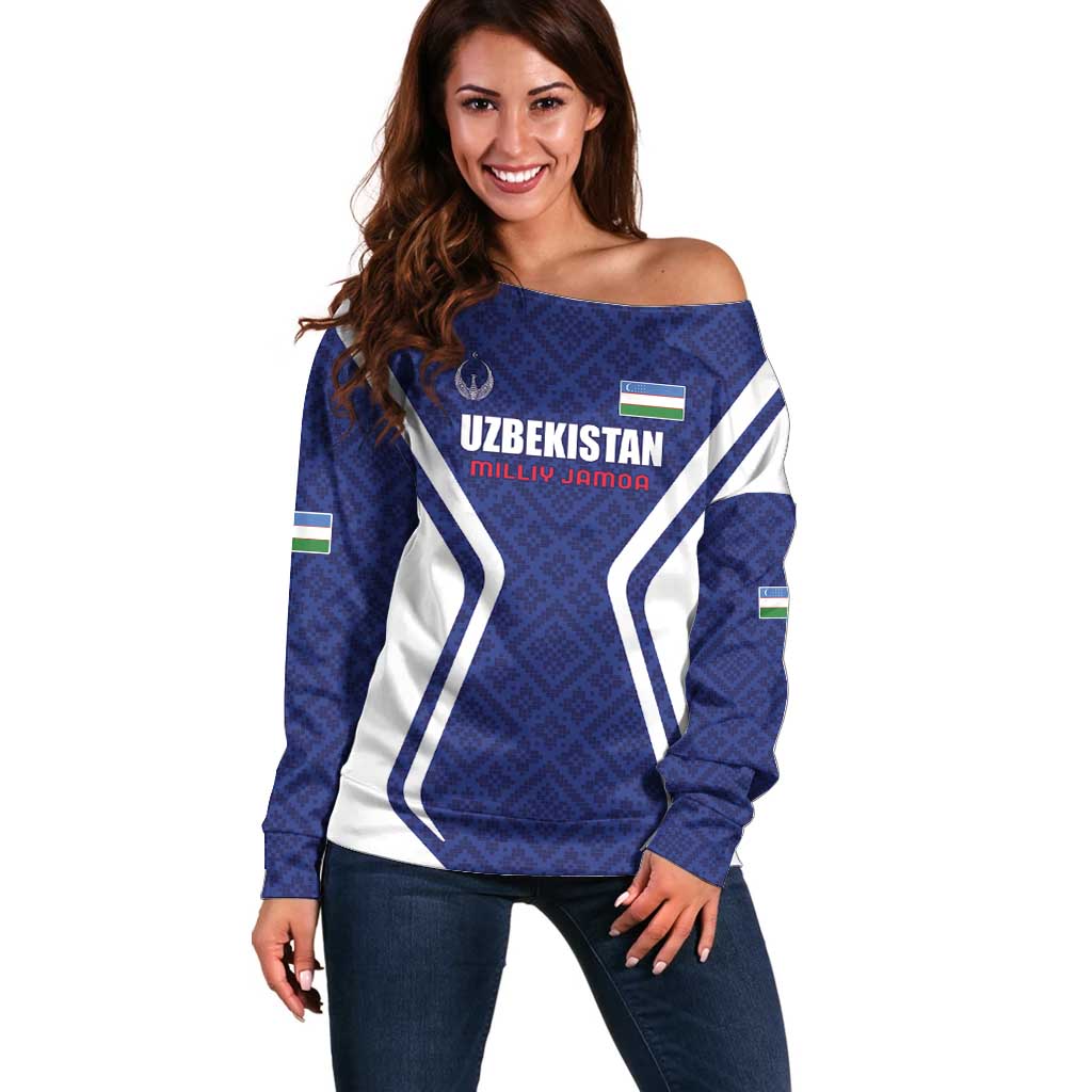 Custom Football Uzbekistan Off Shoulder Sweater Milliy Jamoa Blue Version - Wonder Print Shop