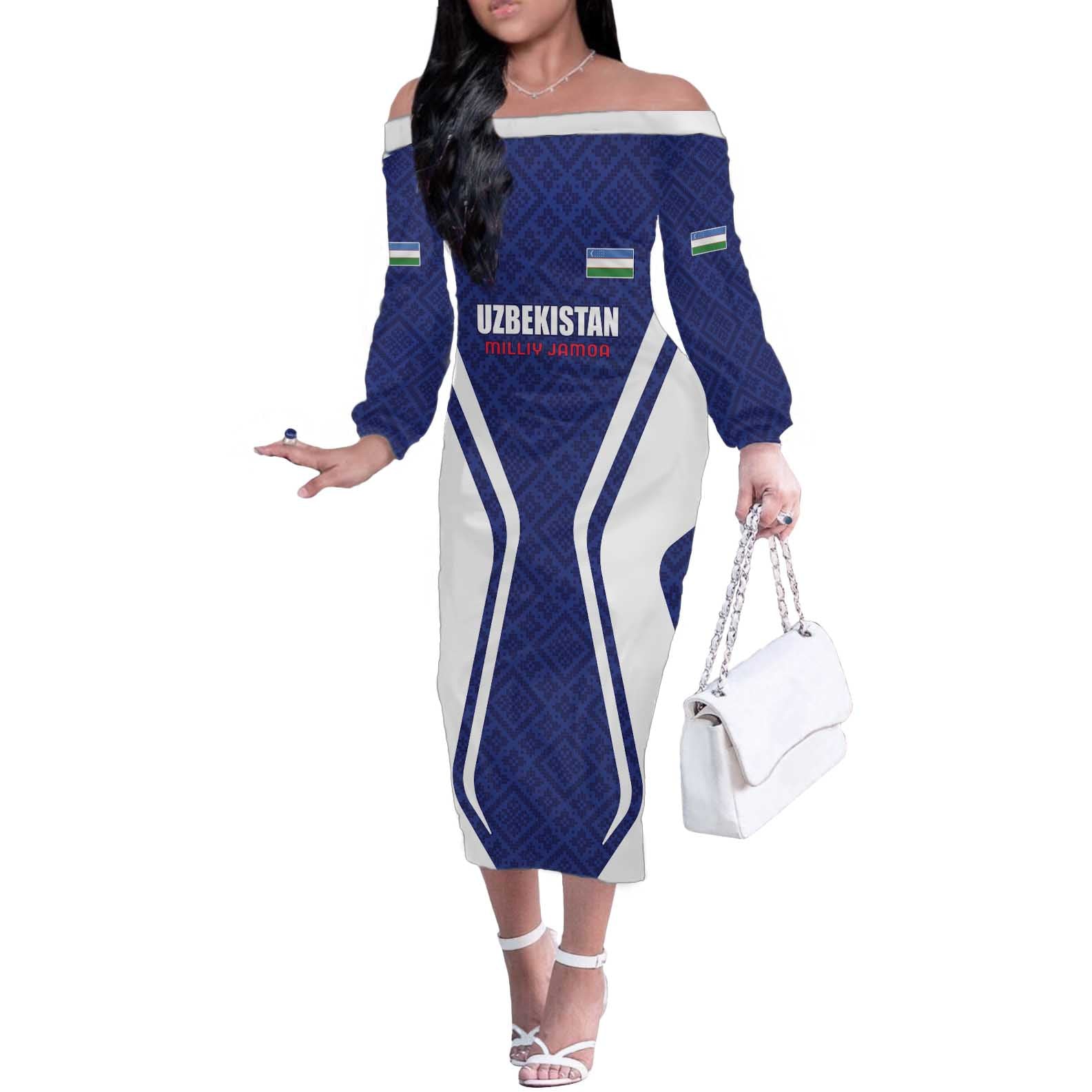 Custom Football Uzbekistan Off The Shoulder Long Sleeve Dress Milliy Jamoa Blue Version - Wonder Print Shop