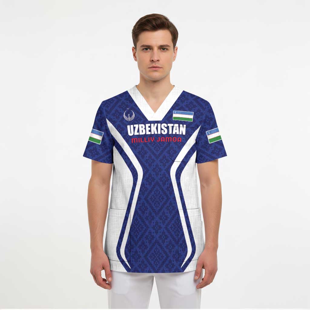 Custom Football Uzbekistan Scrub Top Milliy Jamoa Blue Version - Wonder Print Shop