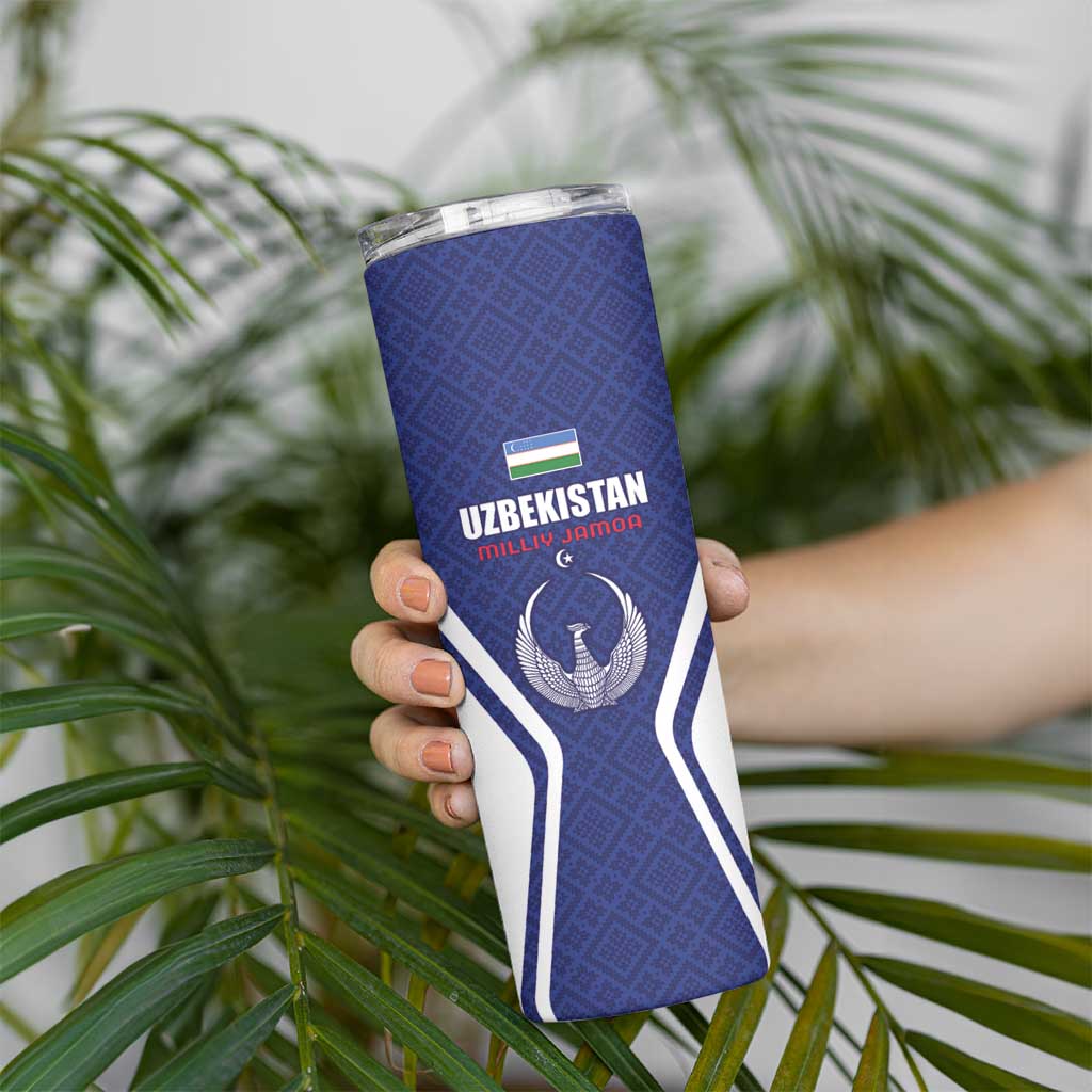 Custom Football Uzbekistan Skinny Tumbler Milliy Jamoa Blue Version - Wonder Print Shop