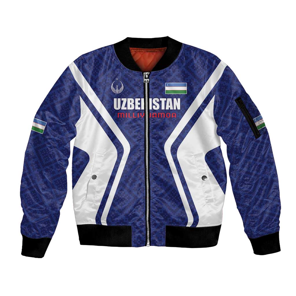 Custom Football Uzbekistan Sleeve Zip Bomber Jacket Milliy Jamoa Blue Version - Wonder Print Shop