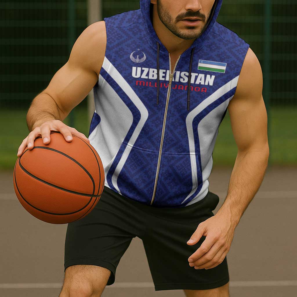 Custom Football Uzbekistan Sleeveless Zip Hoodie Milliy Jamoa Blue Version - Wonder Print Shop