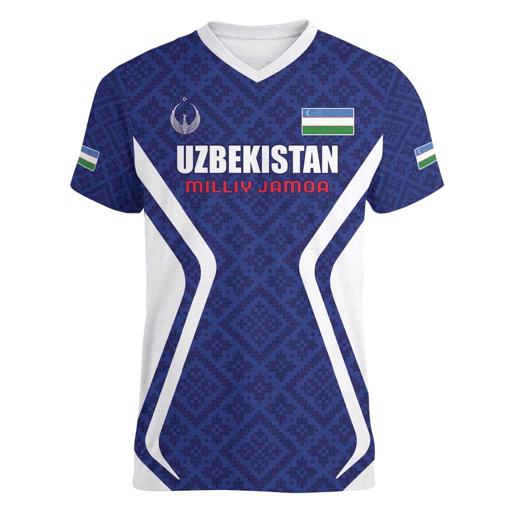 Custom Football Uzbekistan Women V-Neck T-Shirt Milliy Jamoa Blue Version - Wonder Print Shop