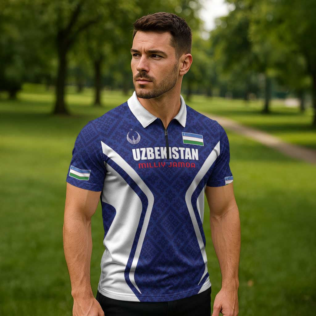 Custom Football Uzbekistan Zipper Polo Shirt Milliy Jamoa Blue Version - Wonder Print Shop