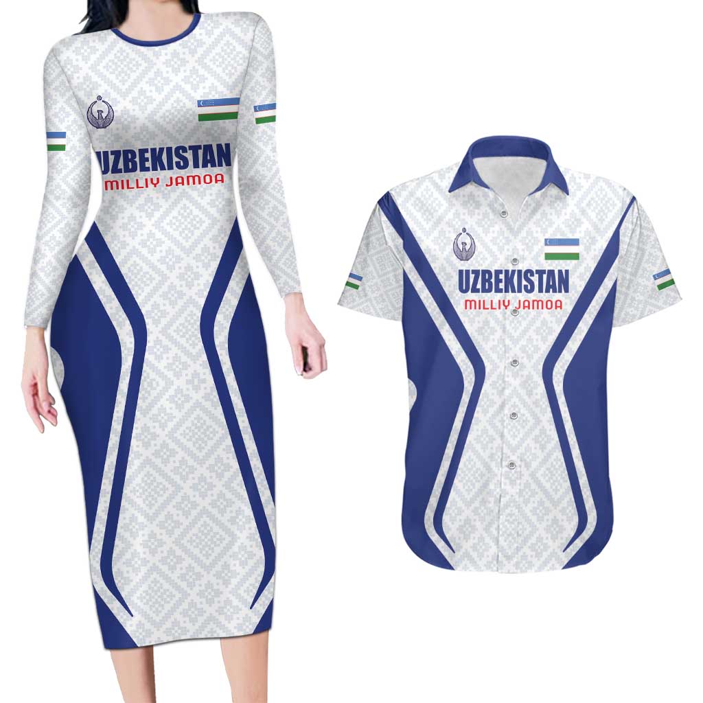 Custom Football Uzbekistan Couples Matching Long Sleeve Bodycon Dress and Hawaiian Shirt Milliy Jamoa White Version - Wonder Print Shop