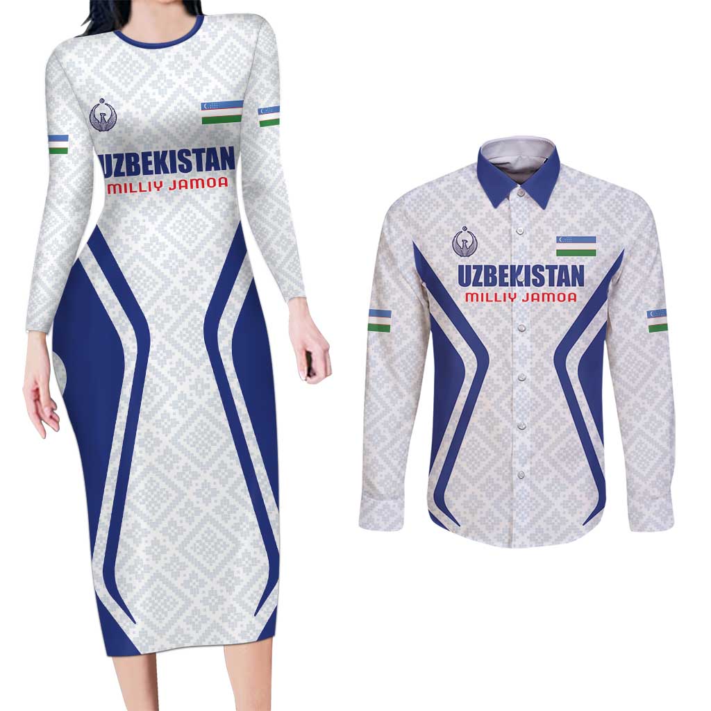 Custom Football Uzbekistan Couples Matching Long Sleeve Bodycon Dress and Long Sleeve Button Shirt Milliy Jamoa White Version - Wonder Print Shop