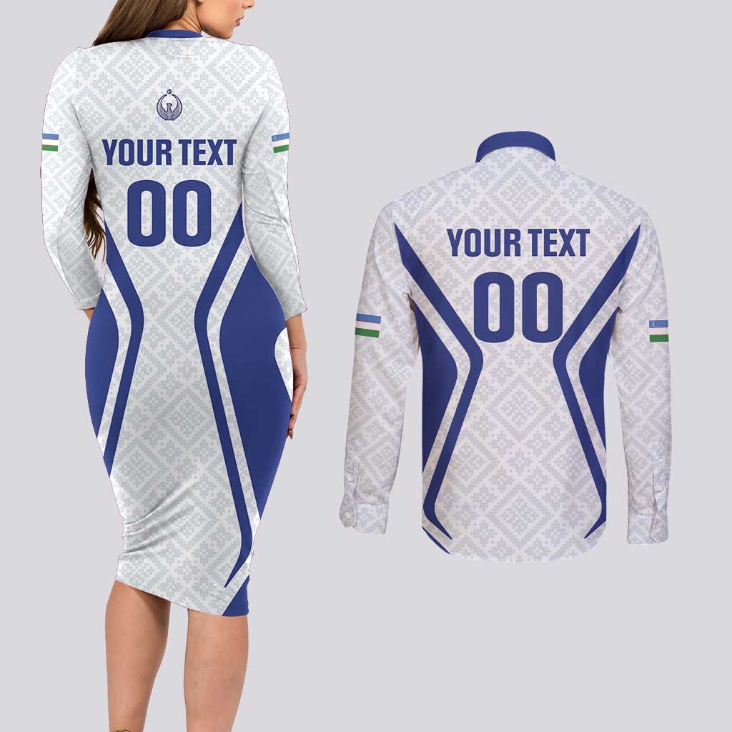 Custom Football Uzbekistan Couples Matching Long Sleeve Bodycon Dress and Long Sleeve Button Shirt Milliy Jamoa White Version - Wonder Print Shop