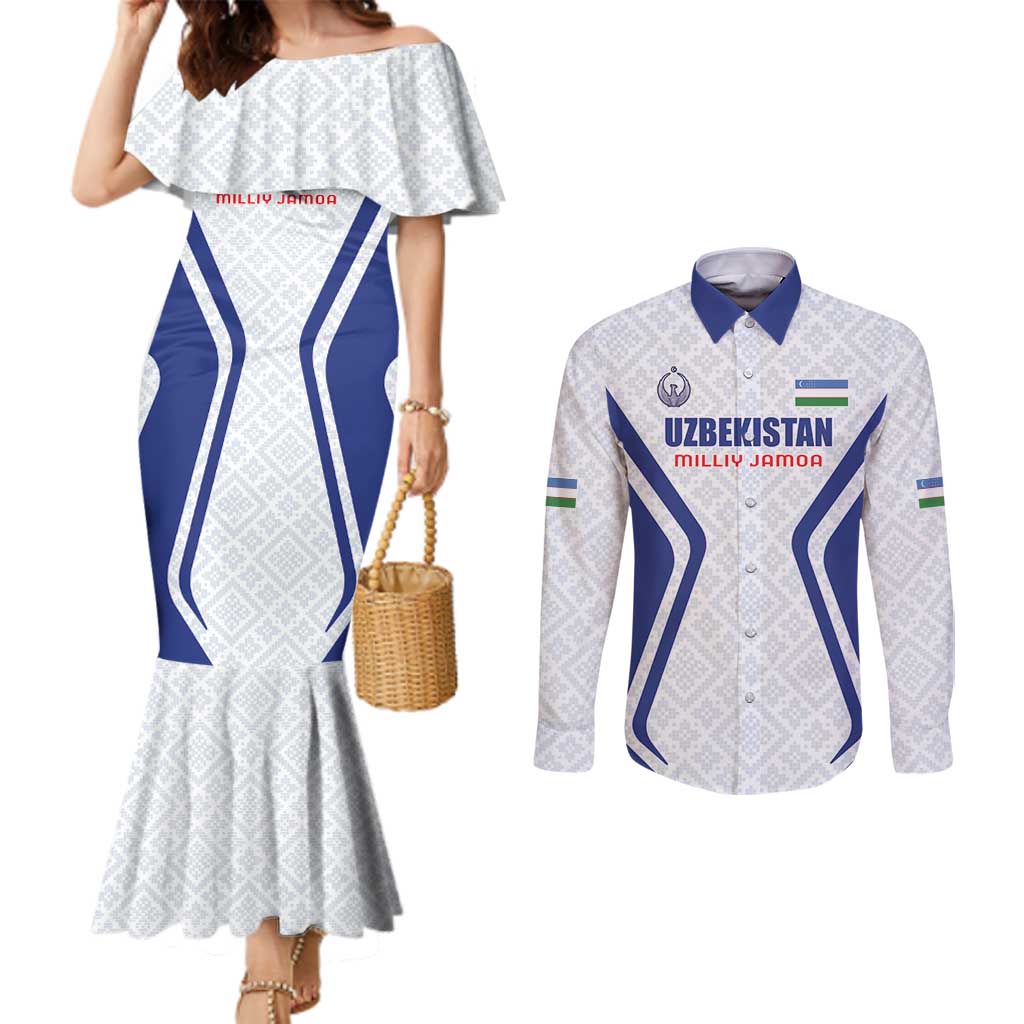 Custom Football Uzbekistan Couples Matching Mermaid Dress and Long Sleeve Button Shirt Milliy Jamoa White Version - Wonder Print Shop