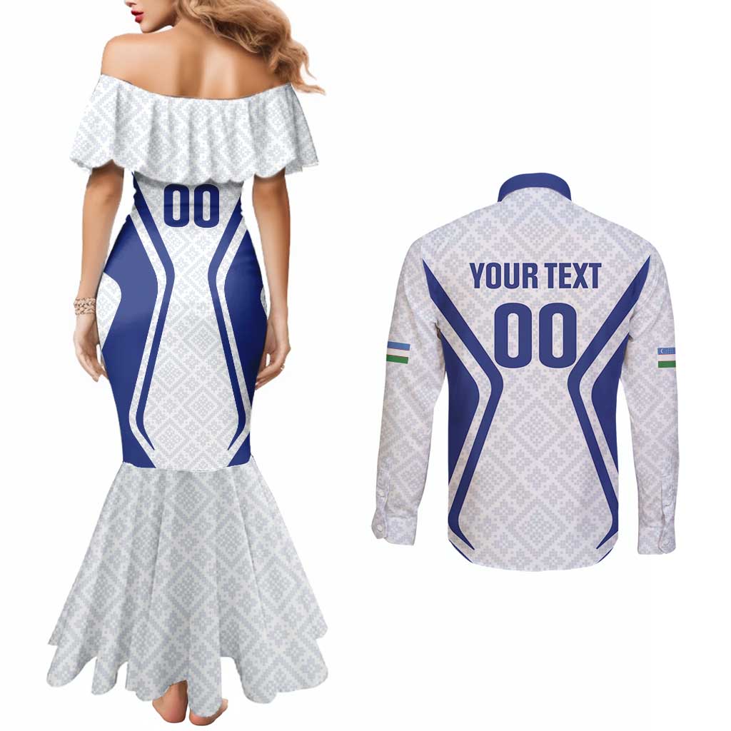 Custom Football Uzbekistan Couples Matching Mermaid Dress and Long Sleeve Button Shirt Milliy Jamoa White Version - Wonder Print Shop