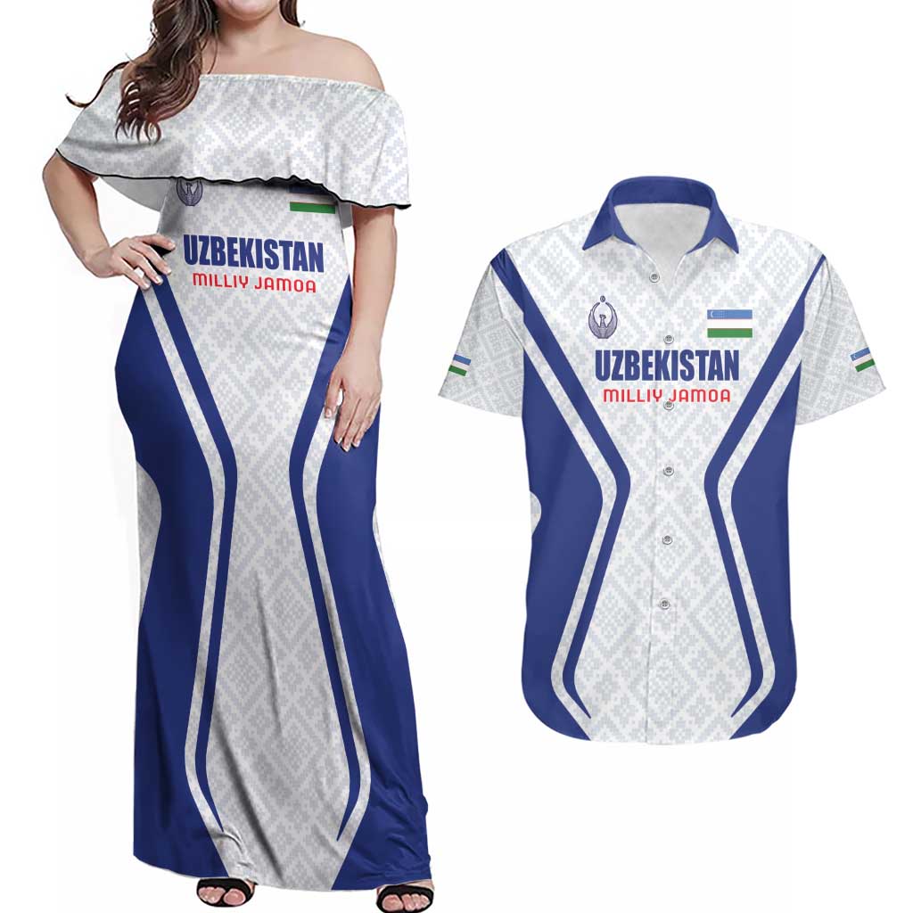 Custom Football Uzbekistan Couples Matching Off Shoulder Maxi Dress and Hawaiian Shirt Milliy Jamoa White Version - Wonder Print Shop