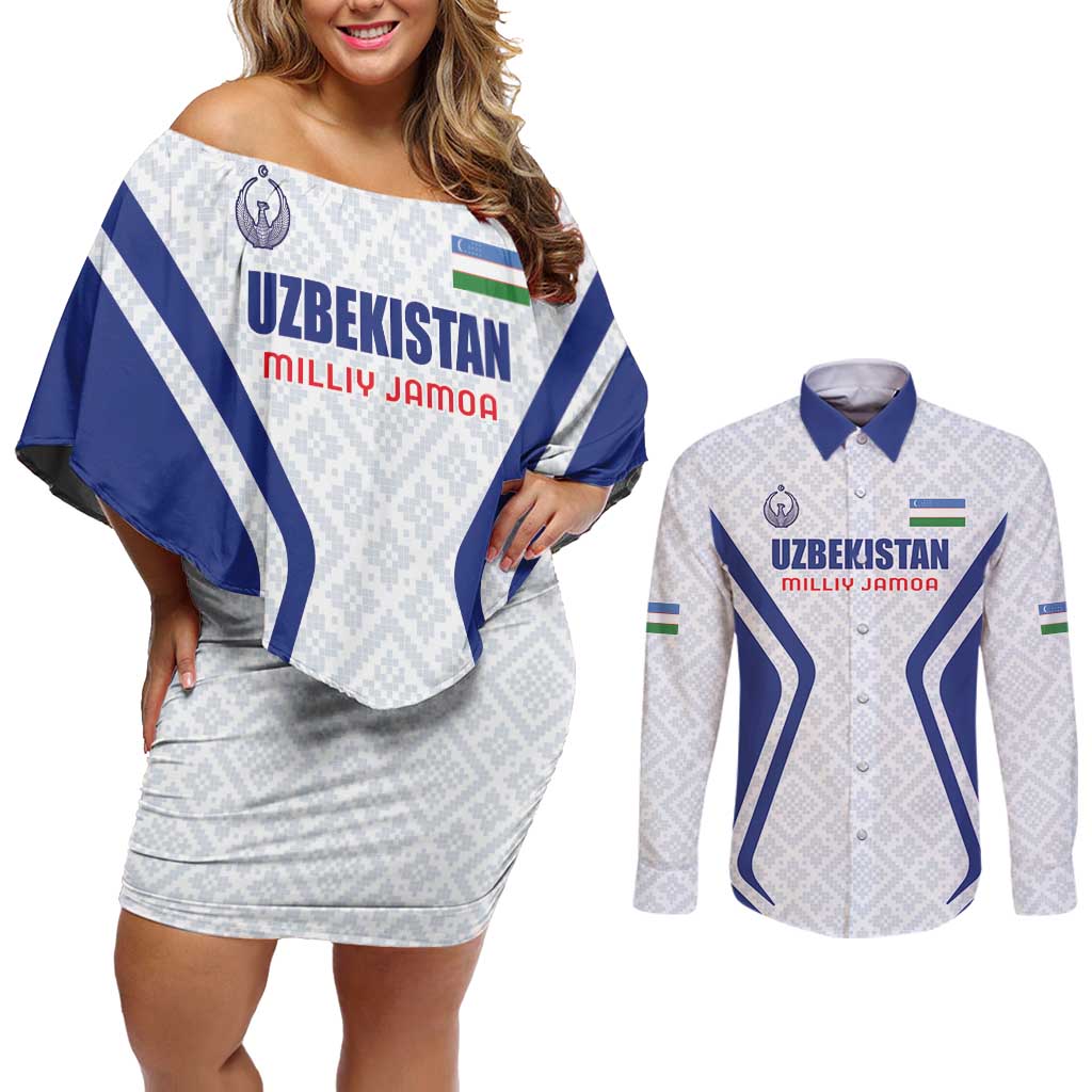 Custom Football Uzbekistan Couples Matching Off Shoulder Short Dress and Long Sleeve Button Shirt Milliy Jamoa White Version - Wonder Print Shop