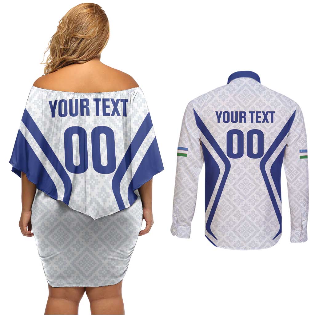 Custom Football Uzbekistan Couples Matching Off Shoulder Short Dress and Long Sleeve Button Shirt Milliy Jamoa White Version - Wonder Print Shop