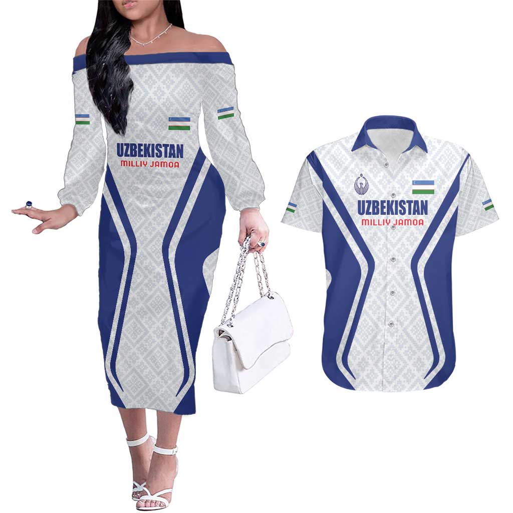 Custom Football Uzbekistan Couples Matching Off The Shoulder Long Sleeve Dress and Hawaiian Shirt Milliy Jamoa White Version - Wonder Print Shop