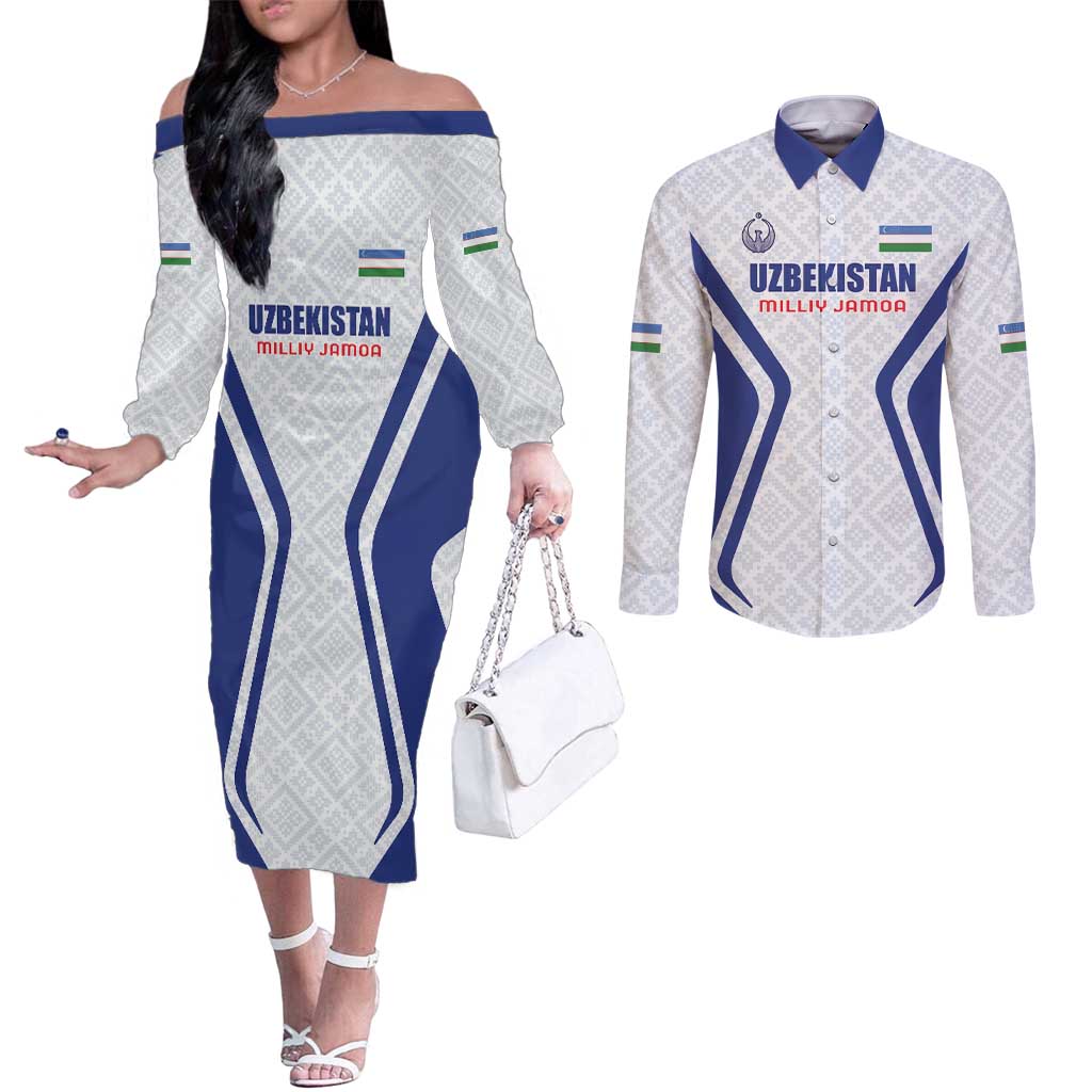 Custom Football Uzbekistan Couples Matching Off The Shoulder Long Sleeve Dress and Long Sleeve Button Shirt Milliy Jamoa White Version - Wonder Print Shop