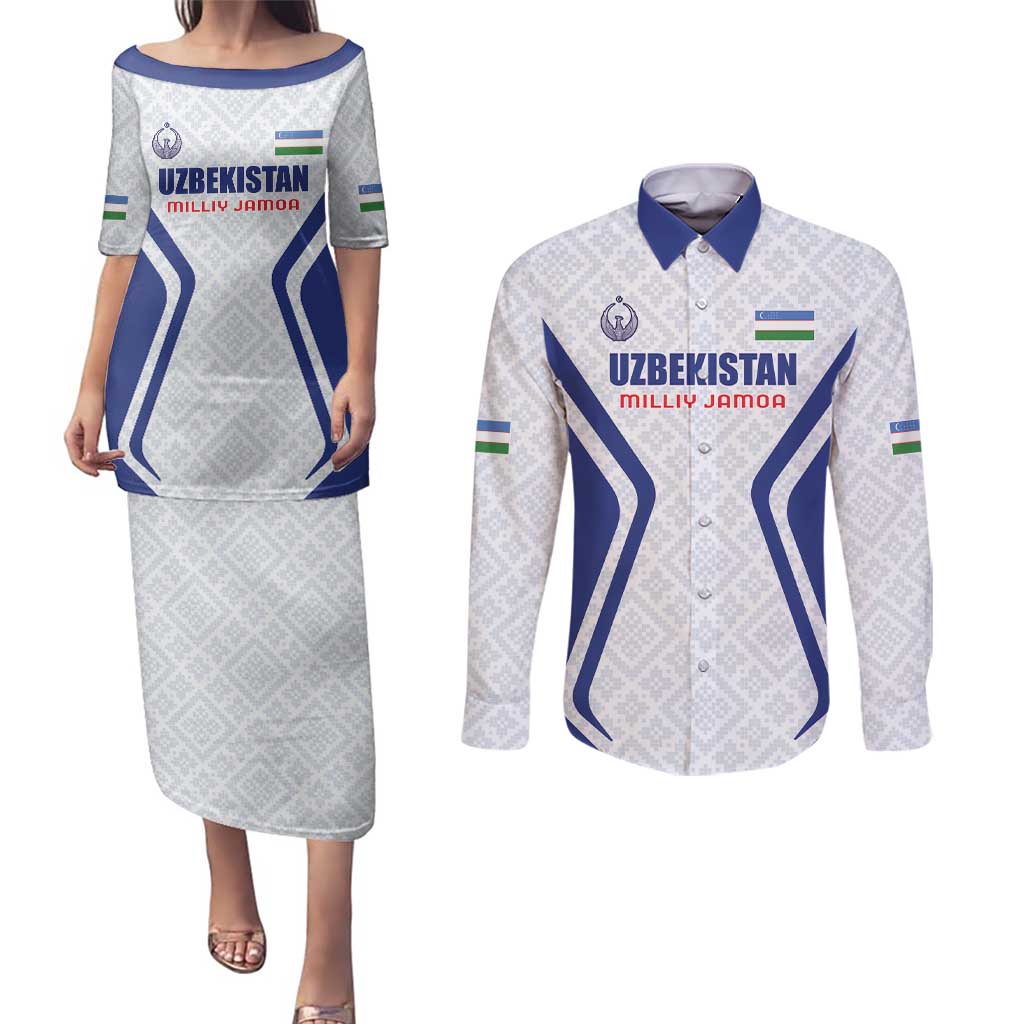 Custom Football Uzbekistan Couples Matching Puletasi and Long Sleeve Button Shirt Milliy Jamoa White Version - Wonder Print Shop
