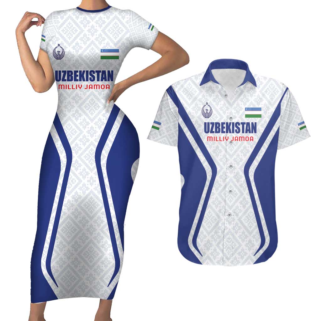 Custom Football Uzbekistan Couples Matching Short Sleeve Bodycon Dress and Hawaiian Shirt Milliy Jamoa White Version - Wonder Print Shop