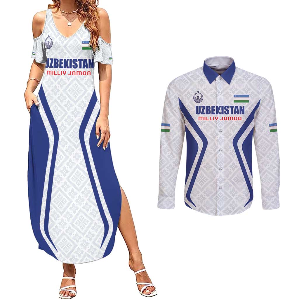 Custom Football Uzbekistan Couples Matching Summer Maxi Dress and Long Sleeve Button Shirt Milliy Jamoa White Version - Wonder Print Shop