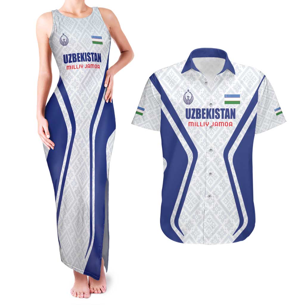 Custom Football Uzbekistan Couples Matching Tank Maxi Dress and Hawaiian Shirt Milliy Jamoa White Version - Wonder Print Shop