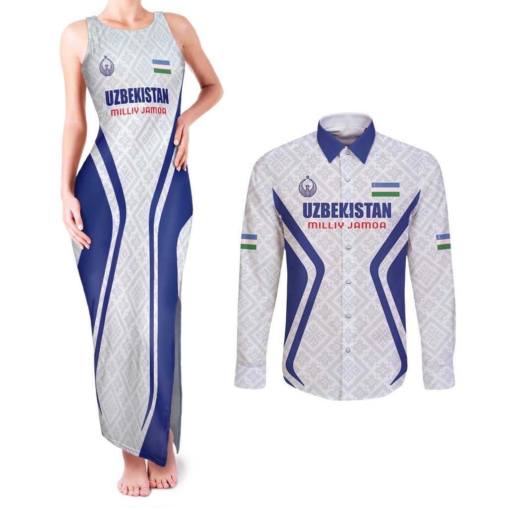 Custom Football Uzbekistan Couples Matching Tank Maxi Dress and Long Sleeve Button Shirt Milliy Jamoa White Version - Wonder Print Shop
