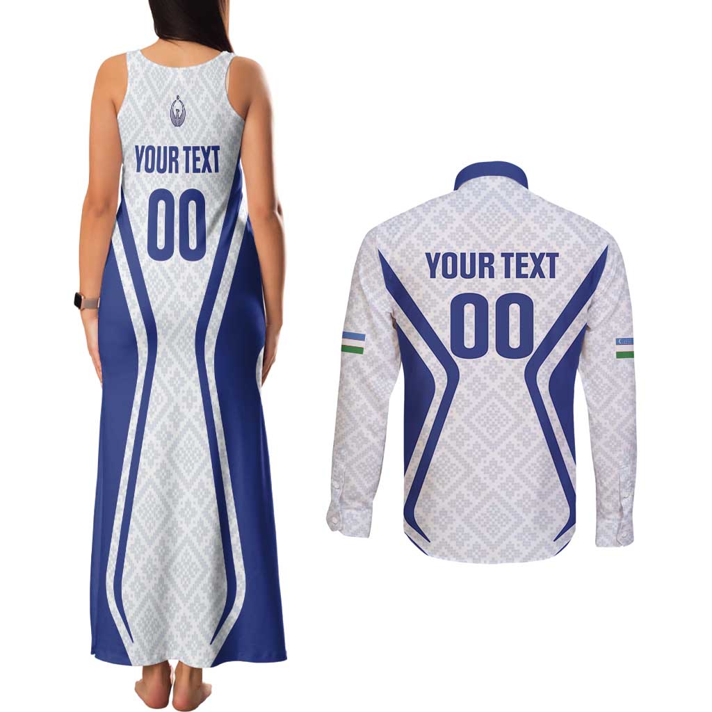 Custom Football Uzbekistan Couples Matching Tank Maxi Dress and Long Sleeve Button Shirt Milliy Jamoa White Version - Wonder Print Shop