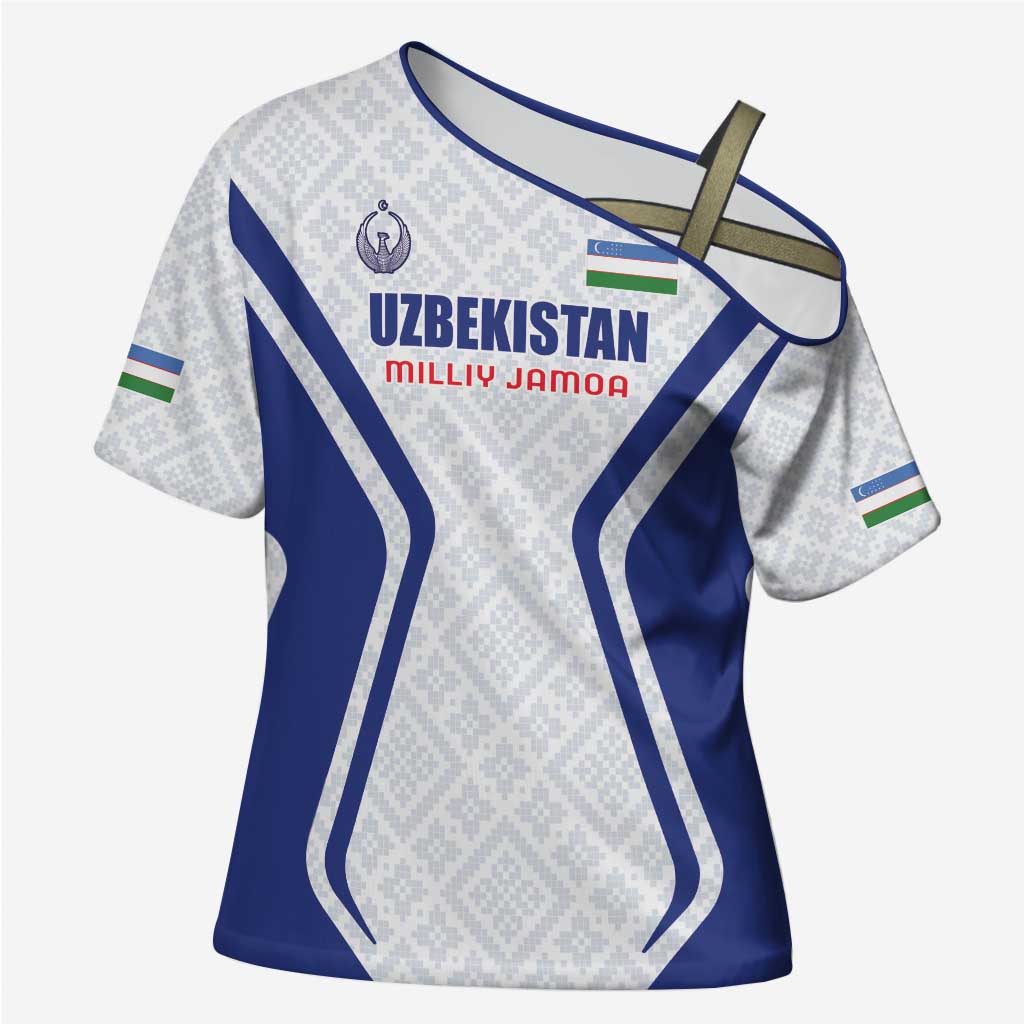 Custom Football Uzbekistan Cross Shoulder Shirt Milliy Jamoa White Version - Wonder Print Shop