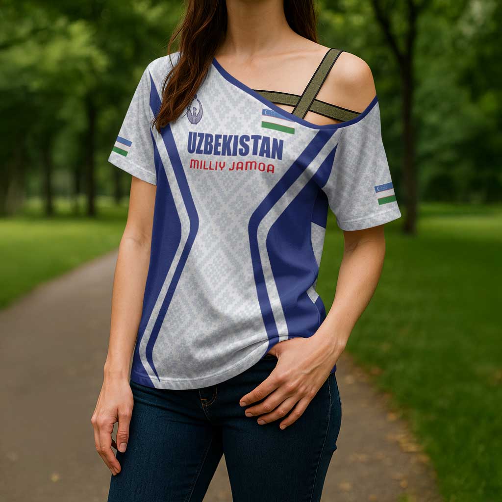 Custom Football Uzbekistan Cross Shoulder Shirt Milliy Jamoa White Version - Wonder Print Shop