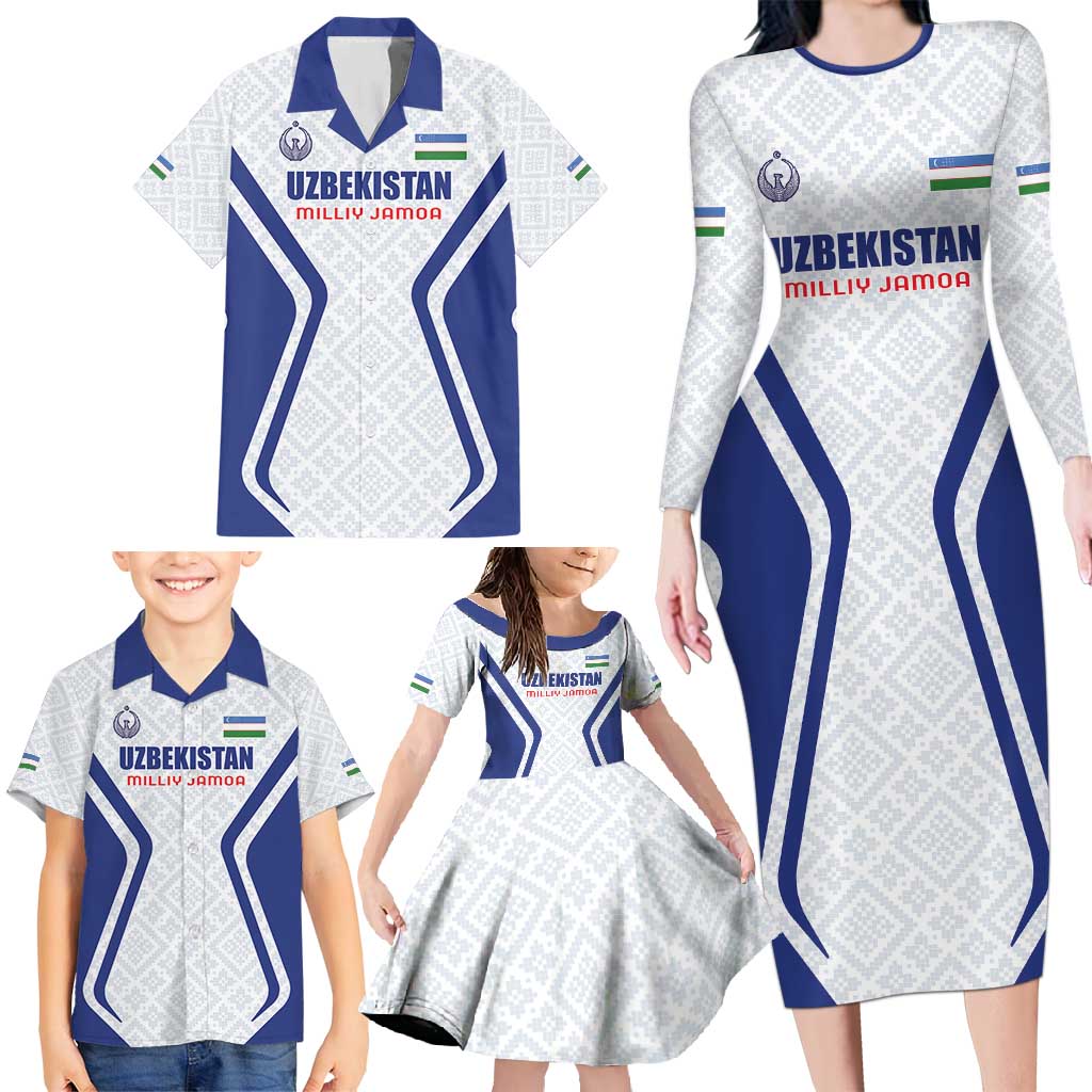Custom Football Uzbekistan Family Matching Long Sleeve Bodycon Dress and Hawaiian Shirt Milliy Jamoa White Version - Wonder Print Shop