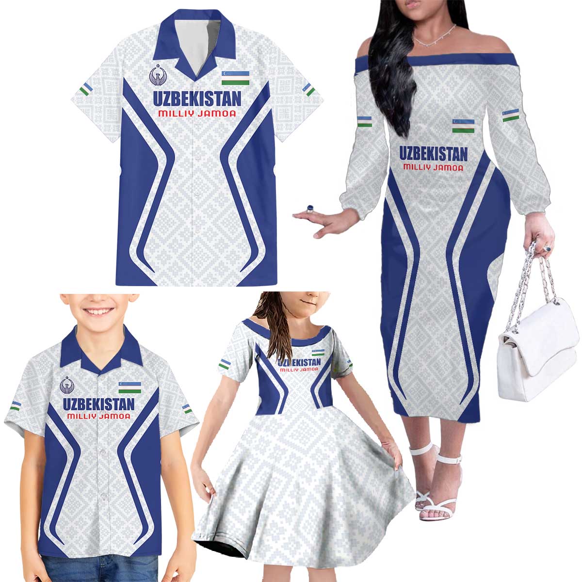 Custom Football Uzbekistan Family Matching Off The Shoulder Long Sleeve Dress and Hawaiian Shirt Milliy Jamoa White Version - Wonder Print Shop