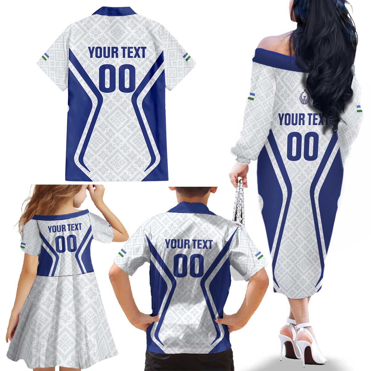 Custom Football Uzbekistan Family Matching Off The Shoulder Long Sleeve Dress and Hawaiian Shirt Milliy Jamoa White Version - Wonder Print Shop