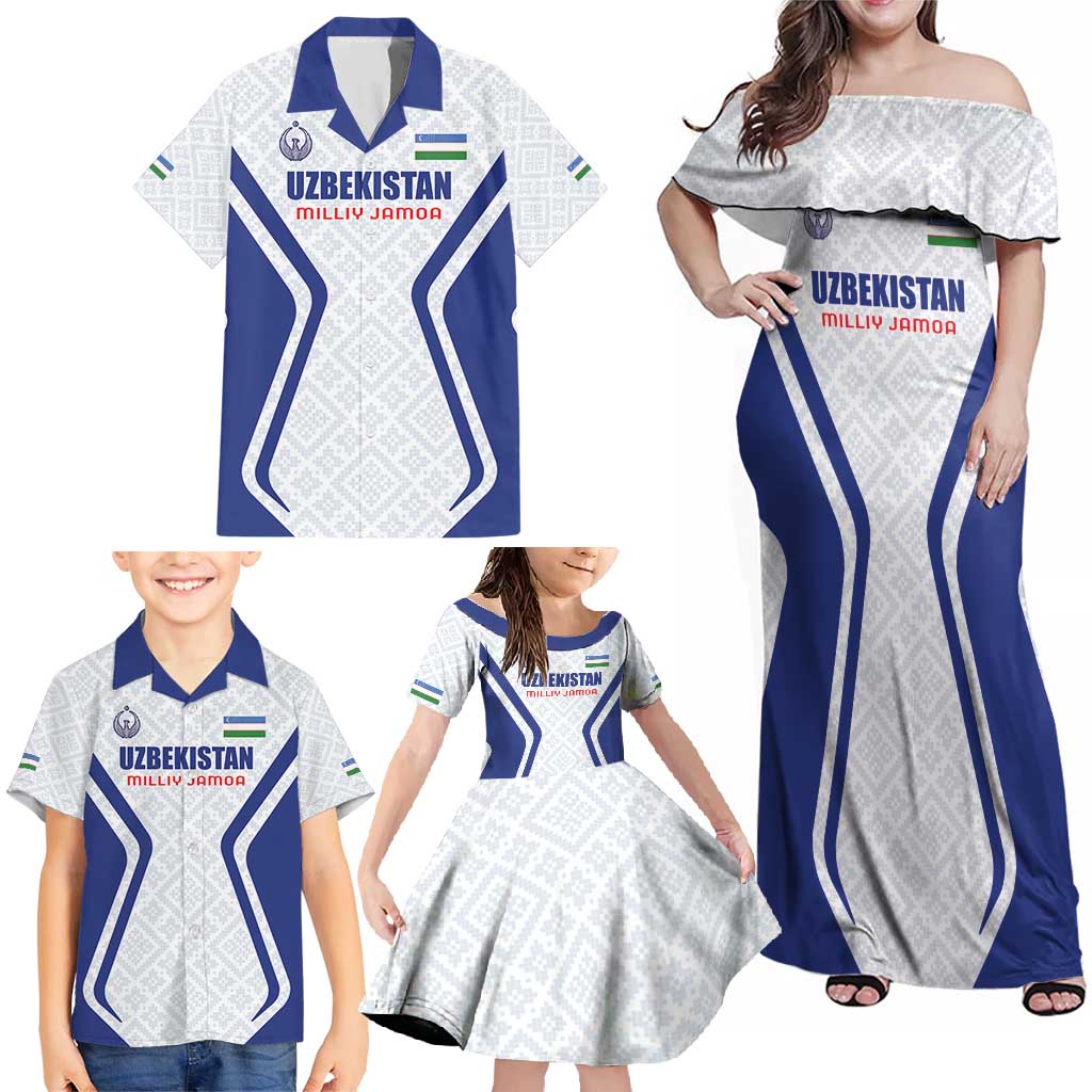 Custom Football Uzbekistan Family Matching Off Shoulder Maxi Dress and Hawaiian Shirt Milliy Jamoa White Version - Wonder Print Shop