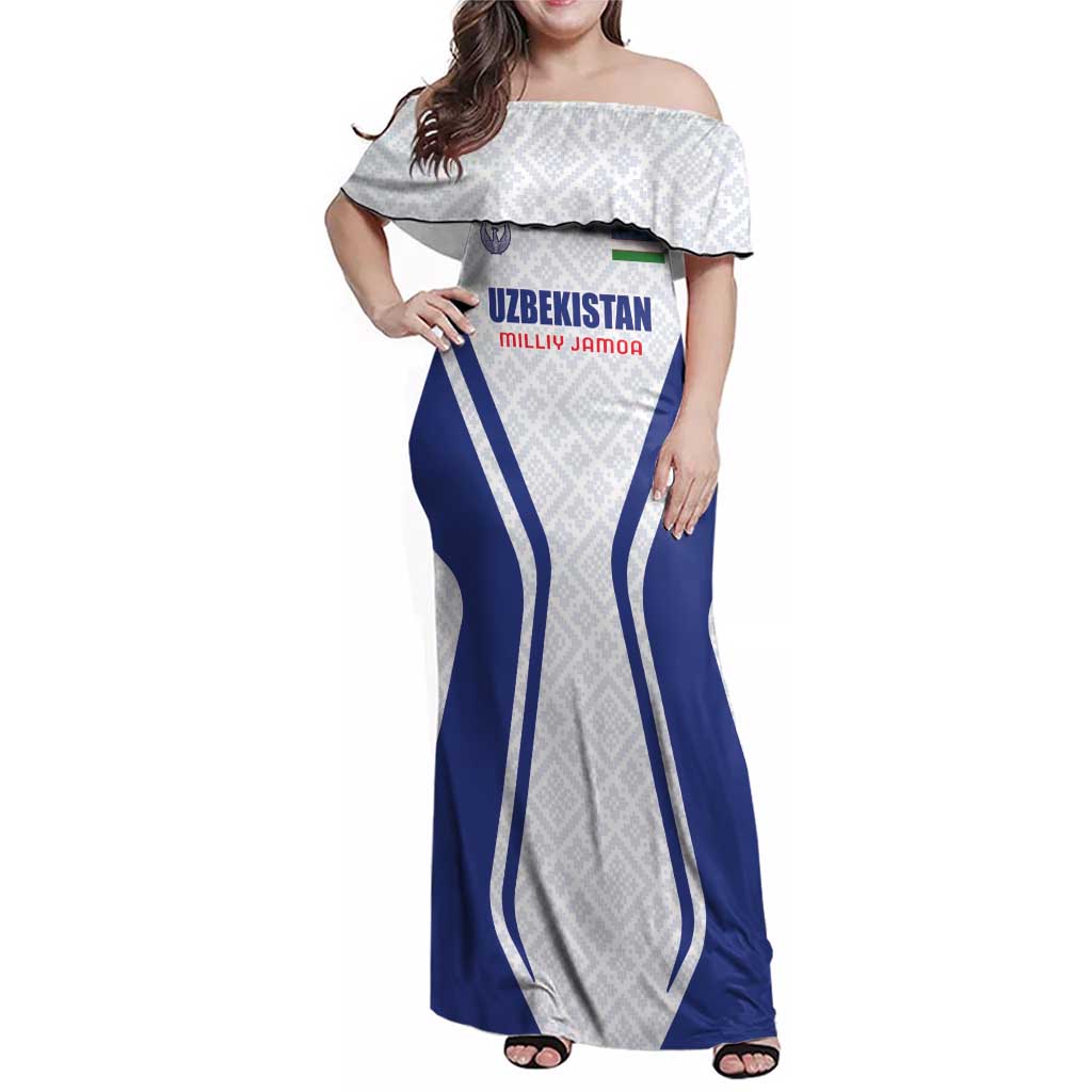 Custom Football Uzbekistan Family Matching Off Shoulder Maxi Dress and Hawaiian Shirt Milliy Jamoa White Version - Wonder Print Shop