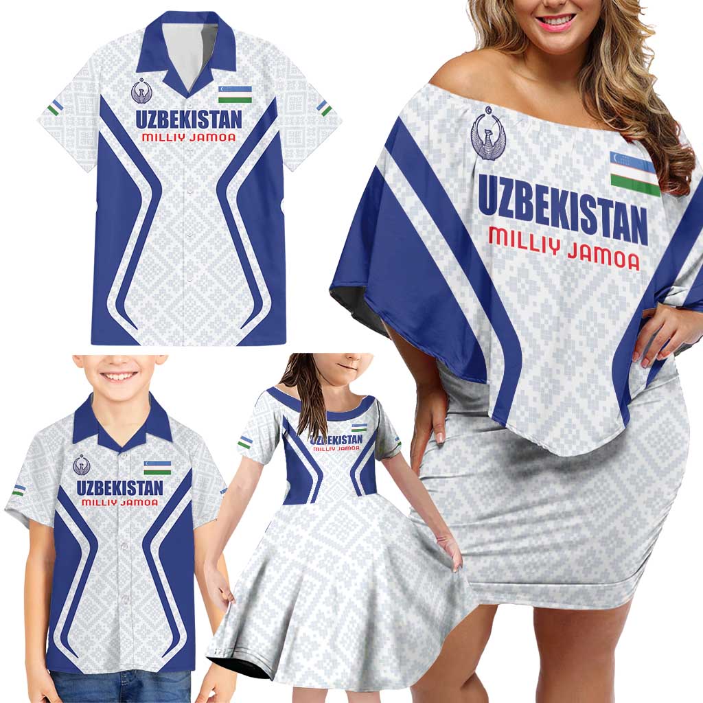 Custom Football Uzbekistan Family Matching Off Shoulder Short Dress and Hawaiian Shirt Milliy Jamoa White Version - Wonder Print Shop