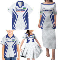 Custom Football Uzbekistan Family Matching Puletasi and Hawaiian Shirt Milliy Jamoa White Version - Wonder Print Shop