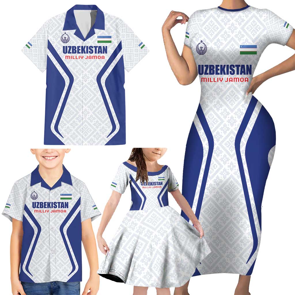 Custom Football Uzbekistan Family Matching Short Sleeve Bodycon Dress and Hawaiian Shirt Milliy Jamoa White Version - Wonder Print Shop