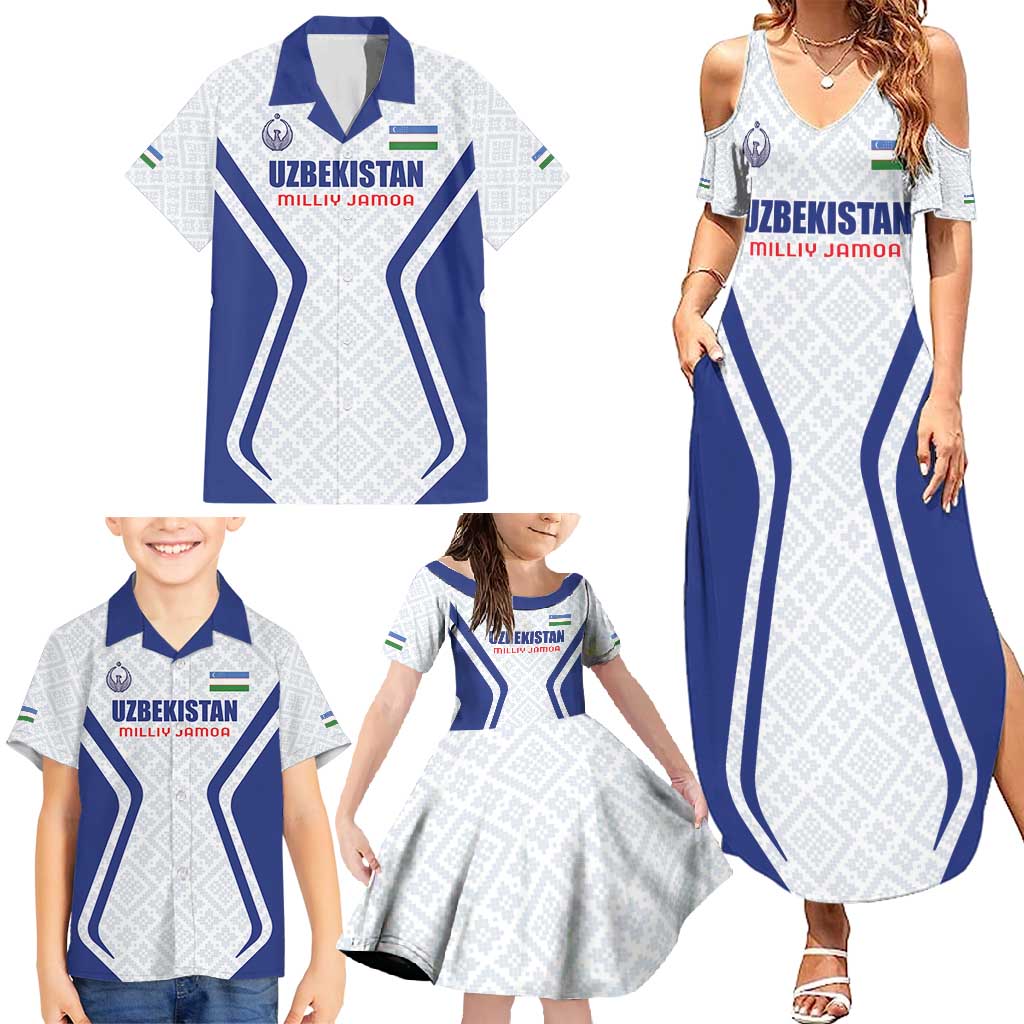 Custom Football Uzbekistan Family Matching Summer Maxi Dress and Hawaiian Shirt Milliy Jamoa White Version - Wonder Print Shop
