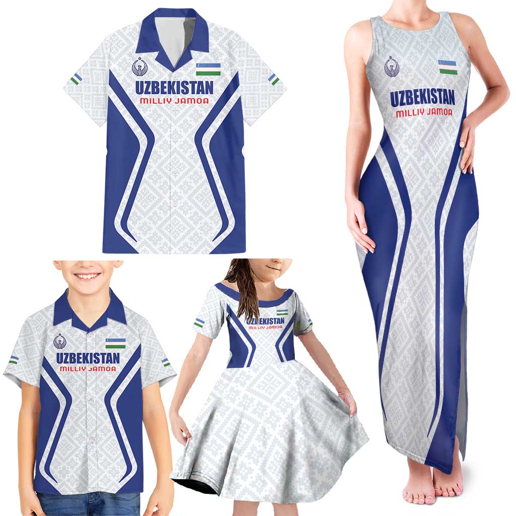 Custom Football Uzbekistan Family Matching Tank Maxi Dress and Hawaiian Shirt Milliy Jamoa White Version - Wonder Print Shop
