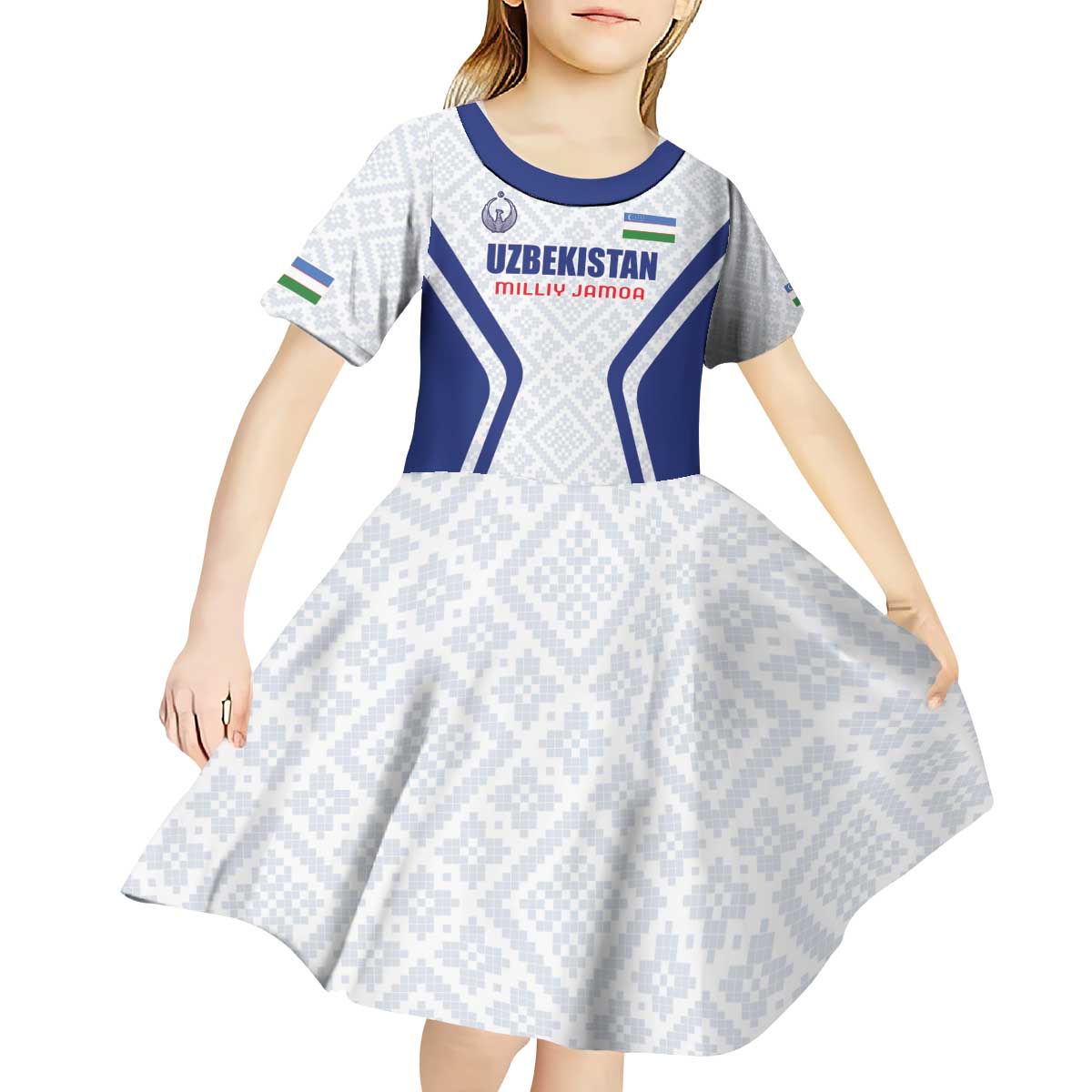 Custom Football Uzbekistan Kid Short Sleeve Dress Milliy Jamoa White Version - Wonder Print Shop