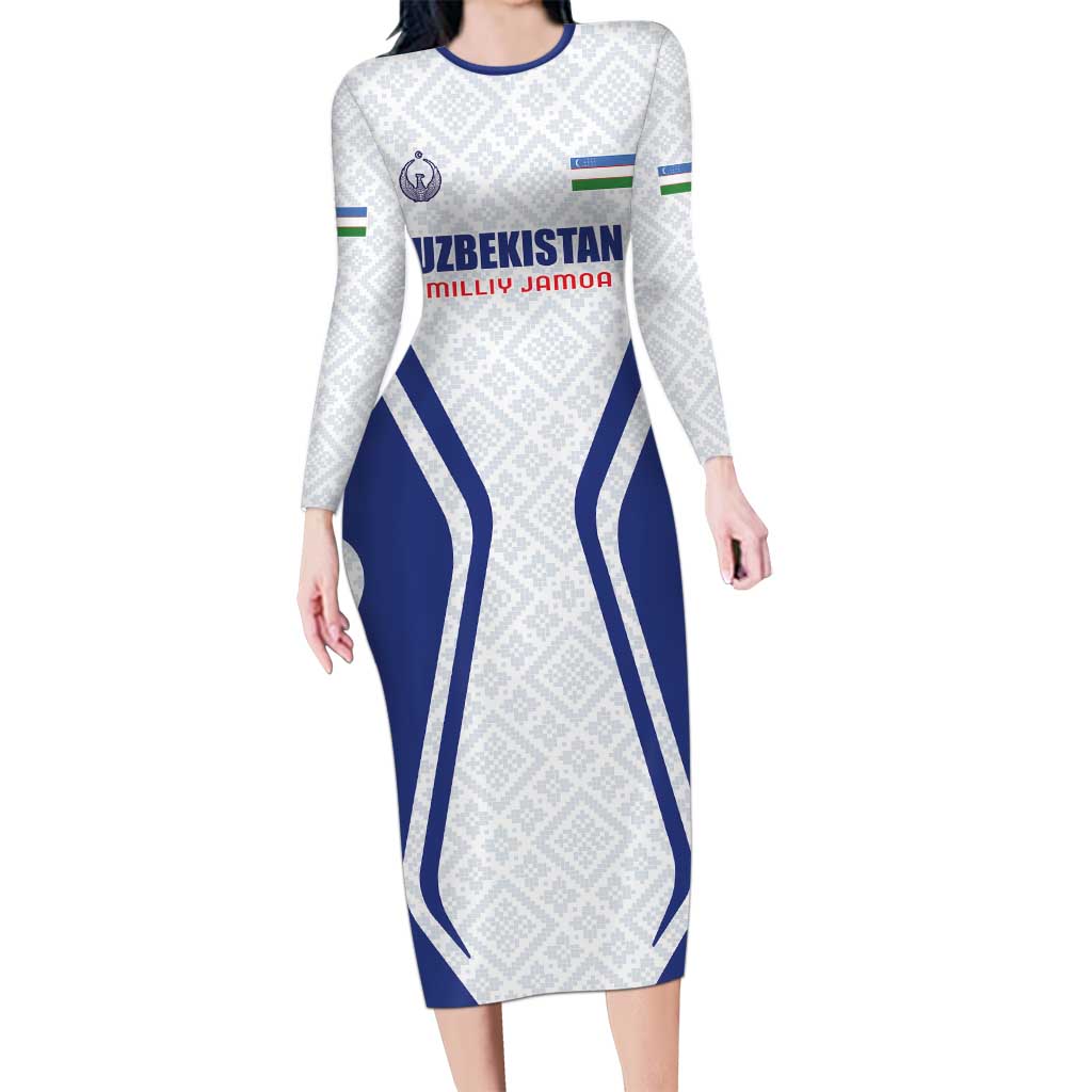 Custom Football Uzbekistan Long Sleeve Bodycon Dress Milliy Jamoa White Version - Wonder Print Shop