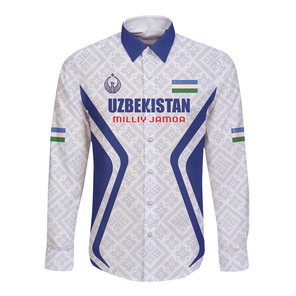 Custom Football Uzbekistan Long Sleeve Button Shirt Milliy Jamoa White Version - Wonder Print Shop